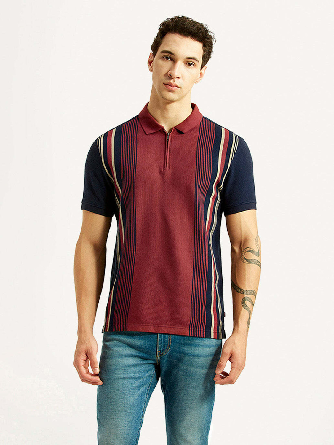 Image of LEVI'S Striped Men Polo Neck Maroon T-Shirt