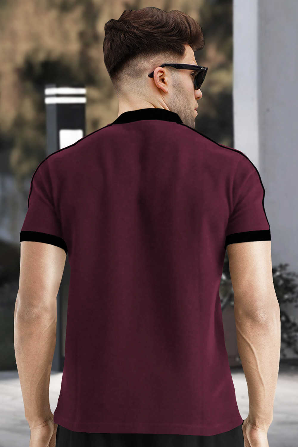 Image of TRIPR Printed Men Mandarin Collar Maroon, Black T-Shirt