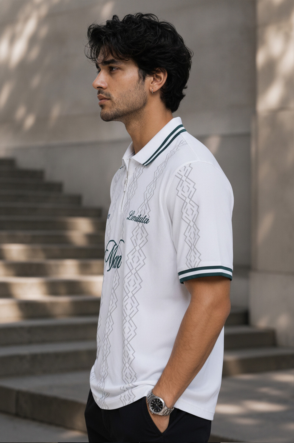 Image of Force Typography, Printed Men Polo Neck White T-Shirt