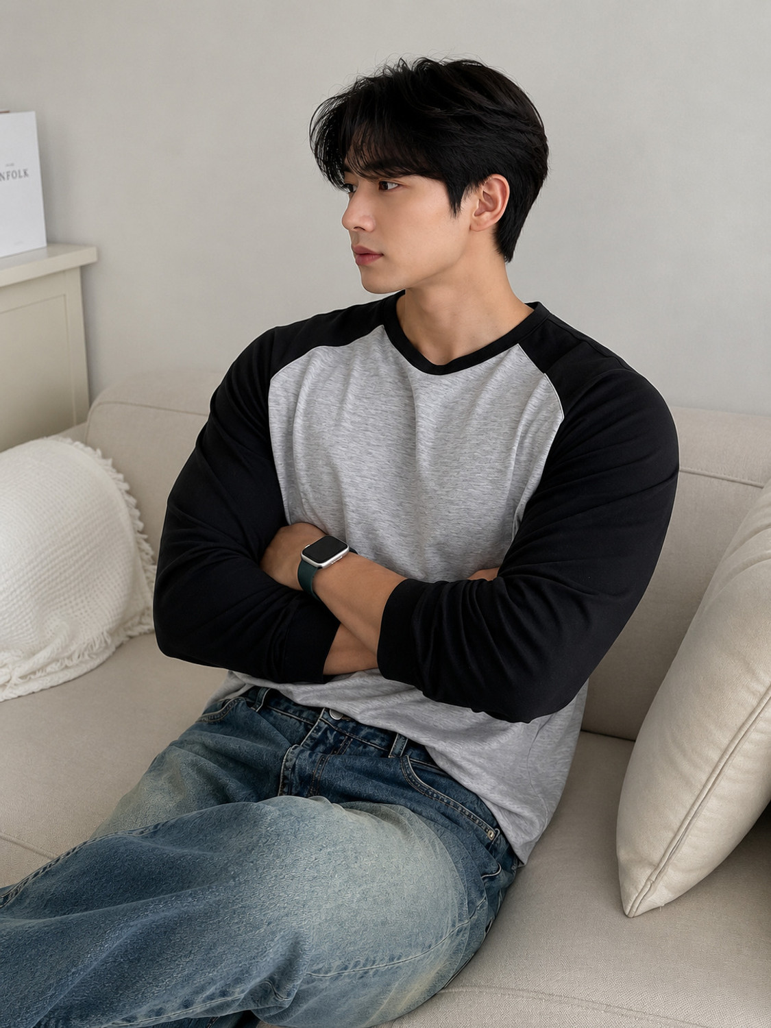 Image of Wrodss Colorblock Men Round Neck Grey, Black T-Shirt