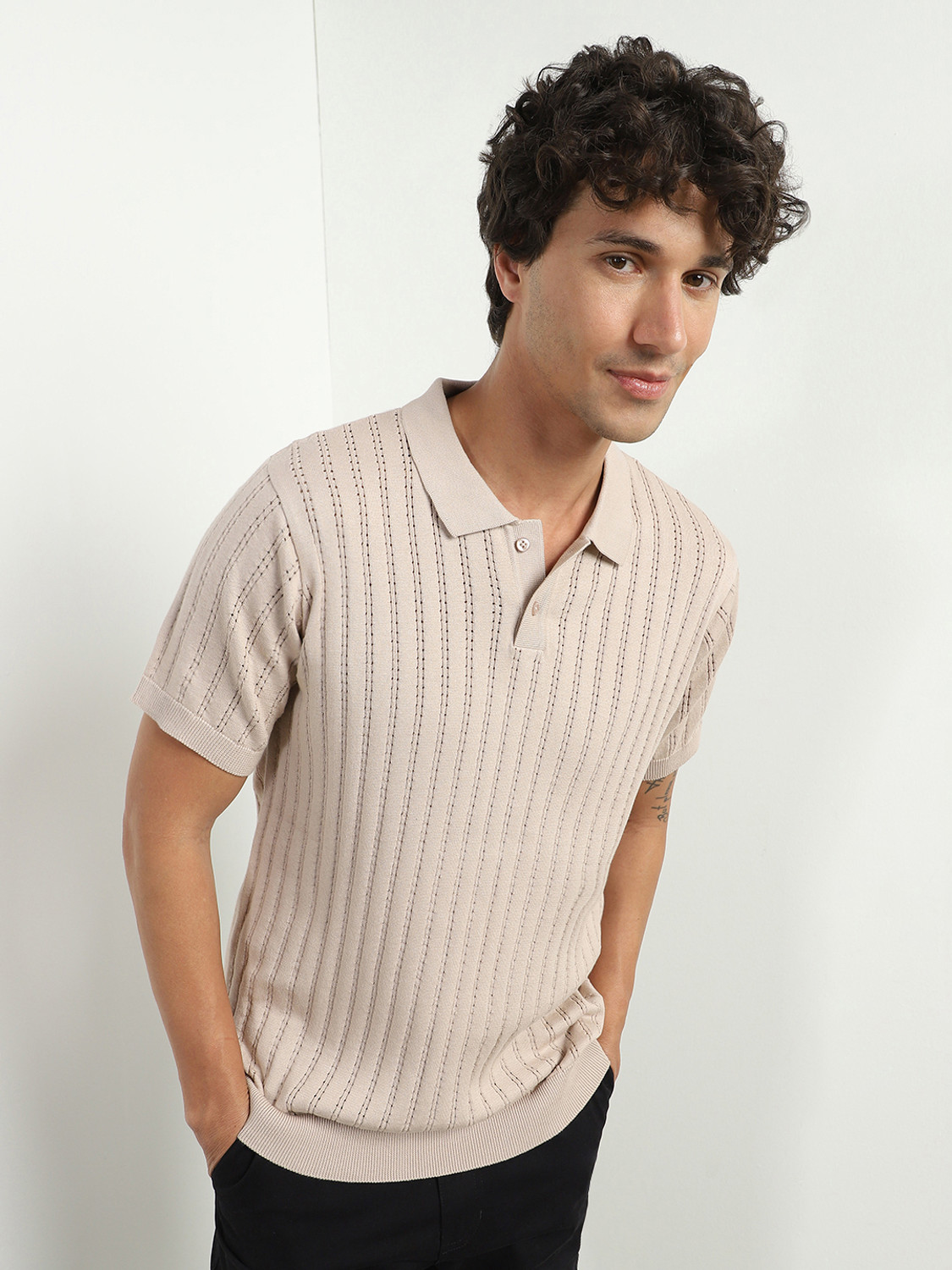 Image of NOBERO Self Design Men Polo Neck Beige T-Shirt