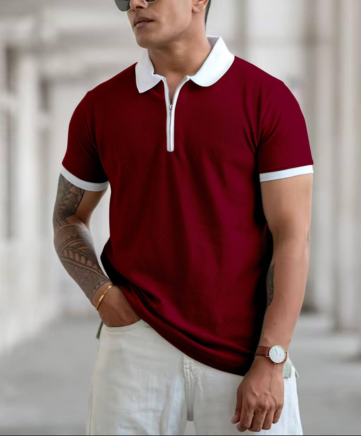 COMBRAIDED Men Polo Neck Maroon T-Shirt - Image 4