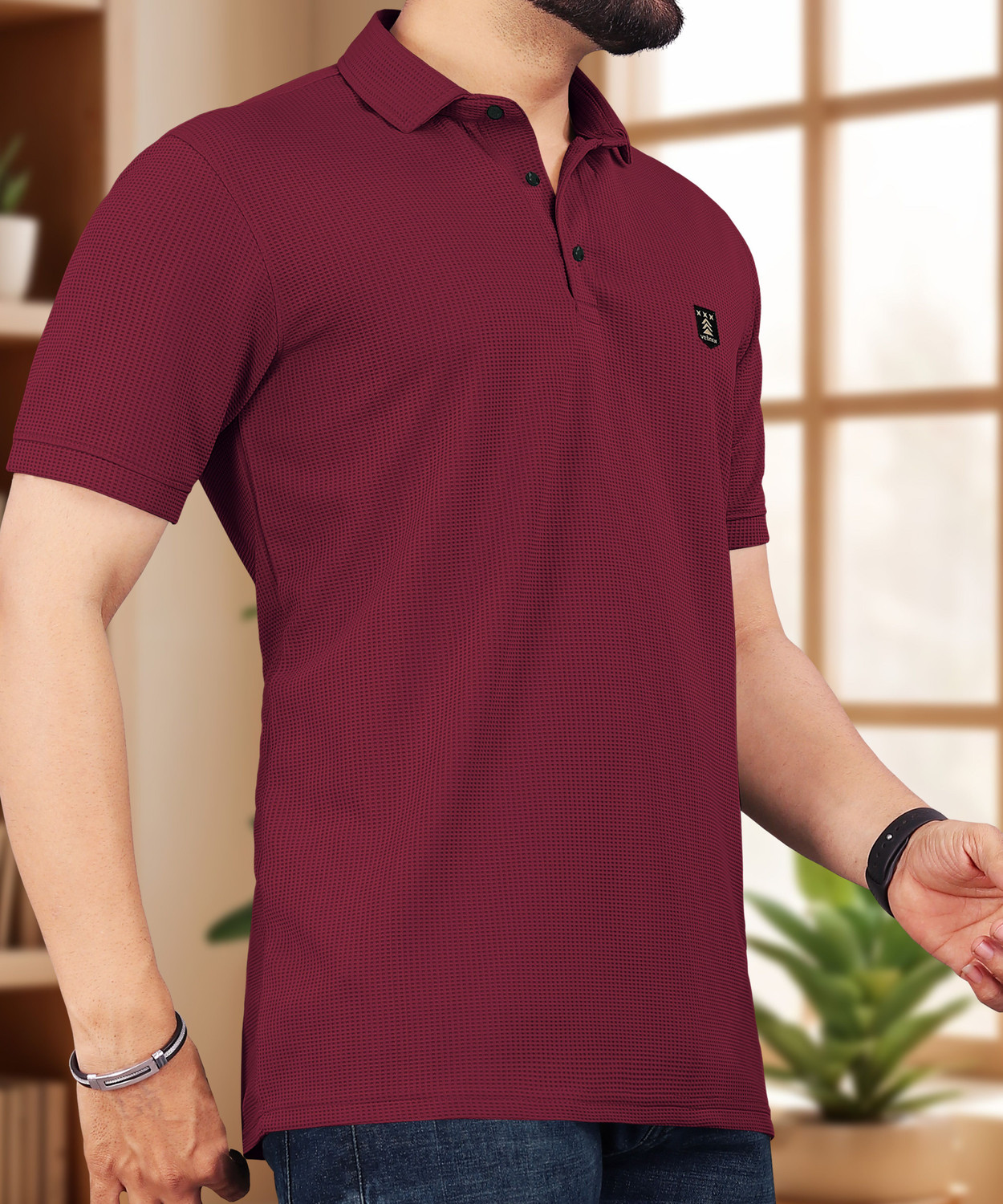 Image of VeBNoR Self Design Men Polo Neck Maroon T-Shirt