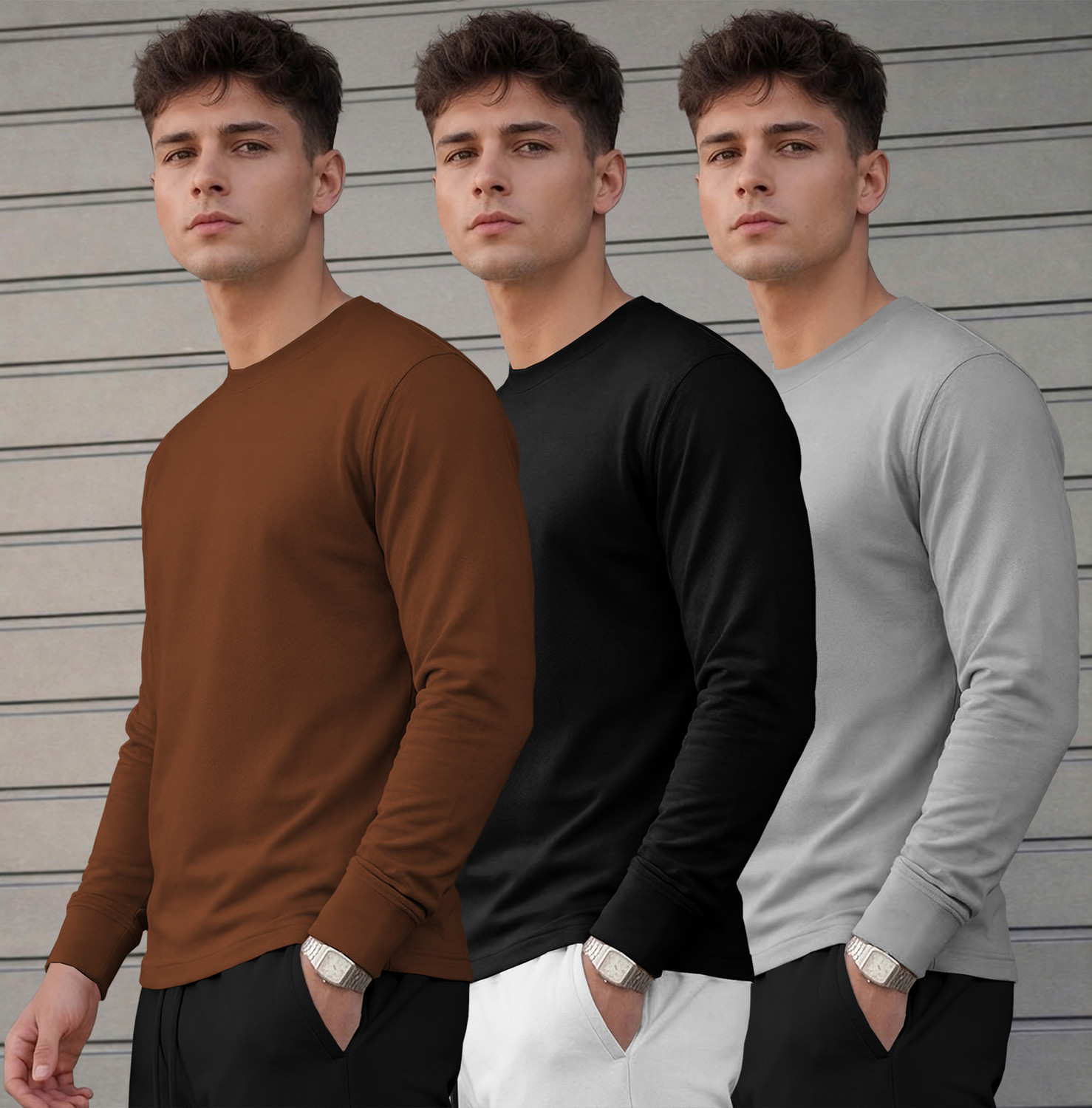 Image of Flipkart SmartBuy Solid Men Round Neck Brown, Black, Grey T-Shirt