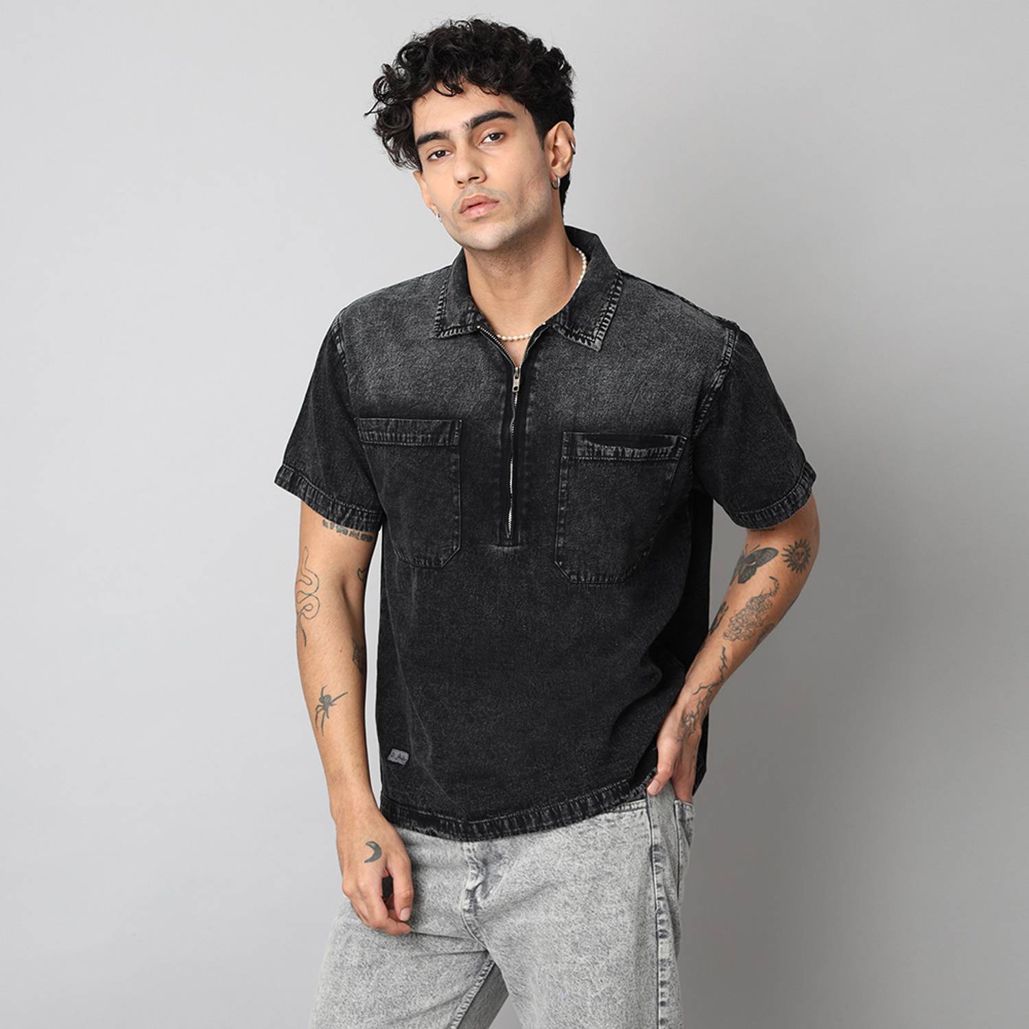 D Finish Men Washed Casual Black Shirt