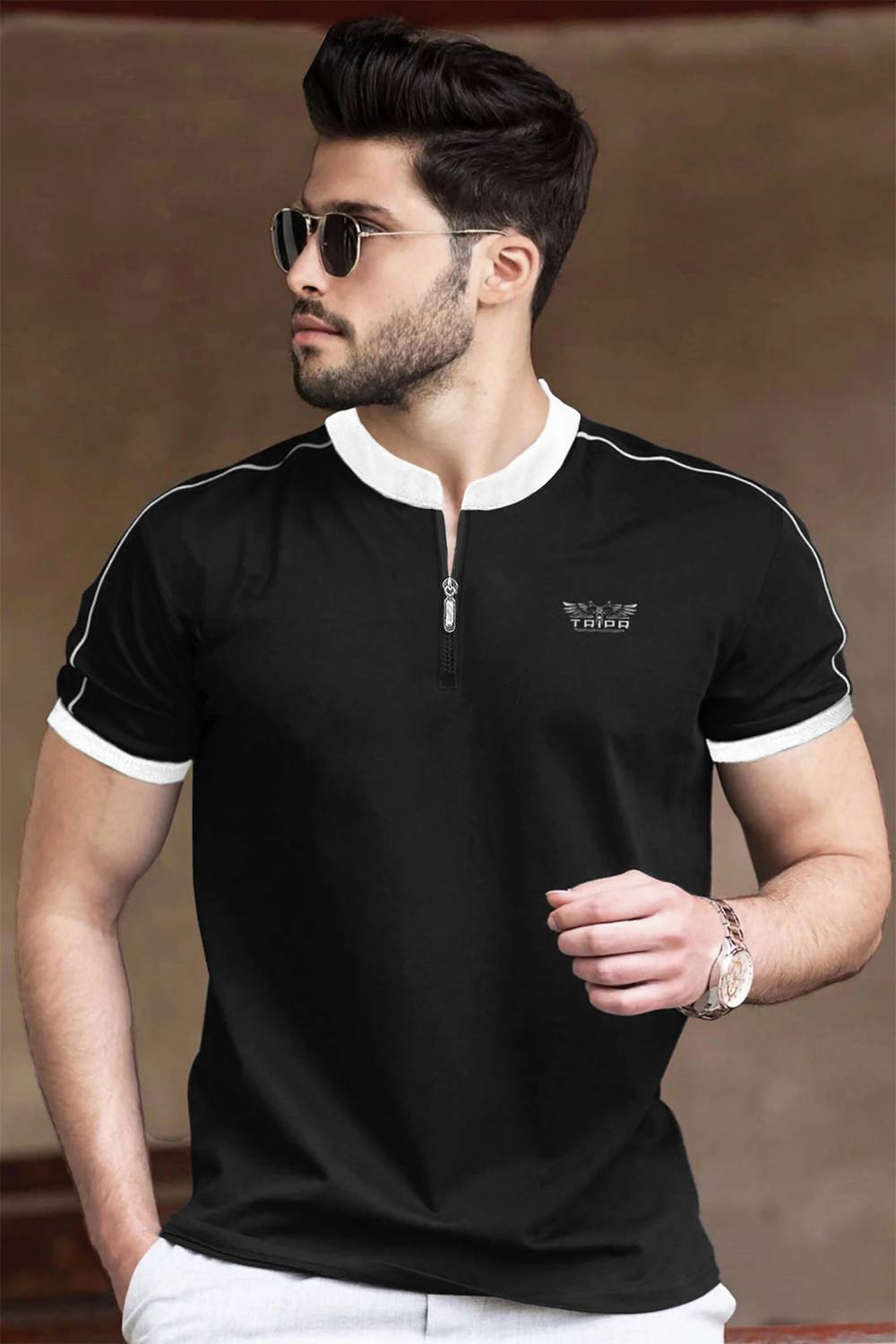 TRIPR Men Solid Henley Neck Cotton Blend Black, White T-Shirt