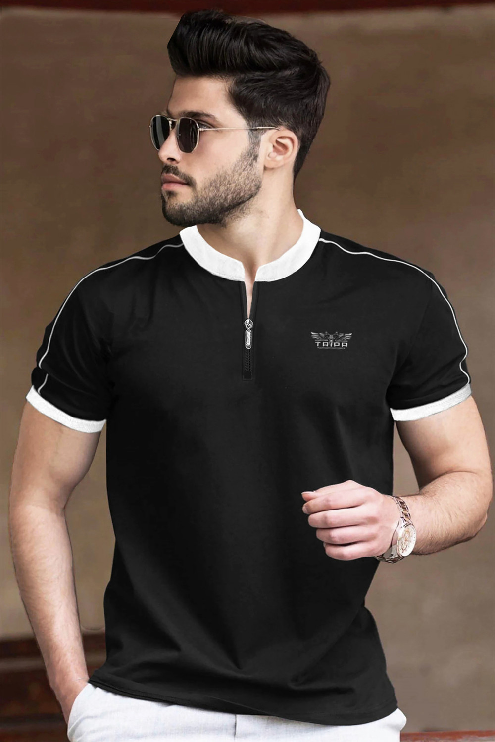 Image of TRIPR Solid Men Henley Neck Black, White T-Shirt
