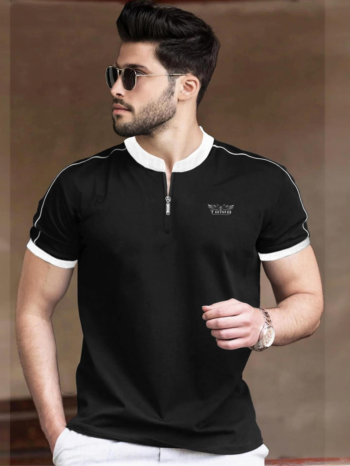 Image of TRIPR Solid Men Henley Neck Black, White T-Shirt