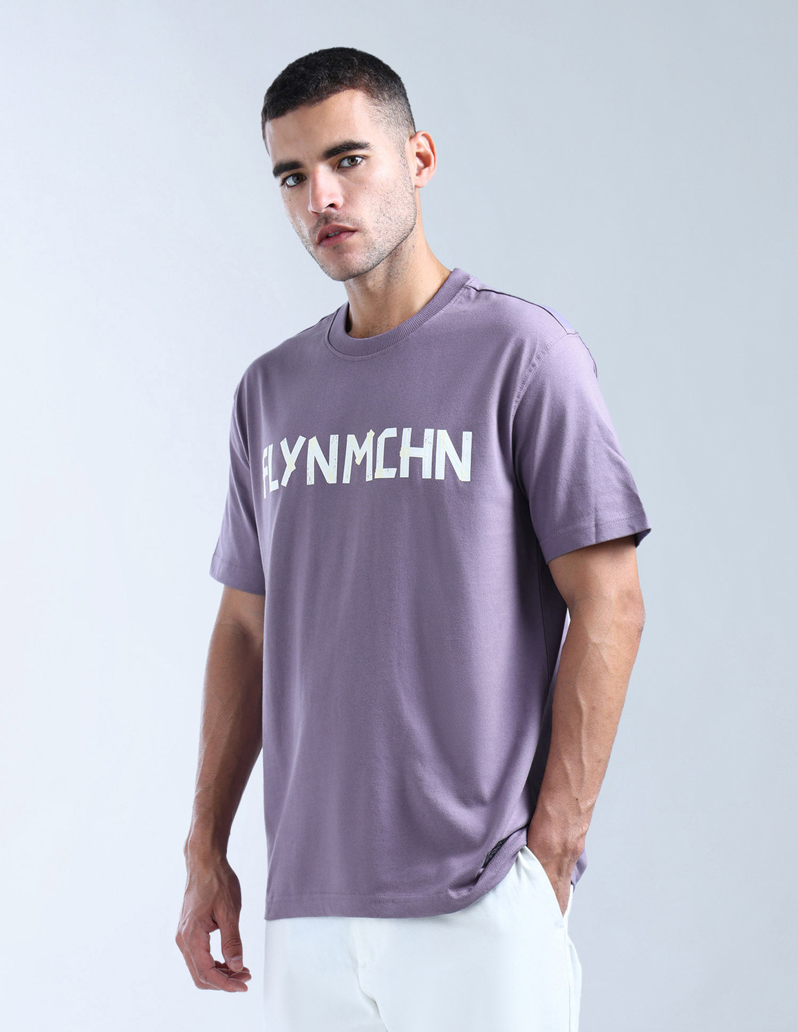 Image of FLYING MACHINE Graphic Print Men Round Neck Purple T-Shirt