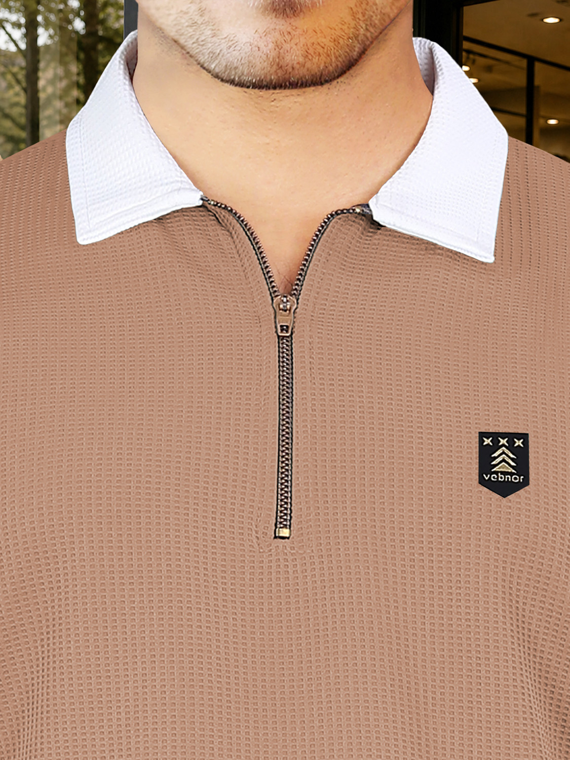 Image of VeBNoR Colorblock Men Zip Neck Brown T-Shirt