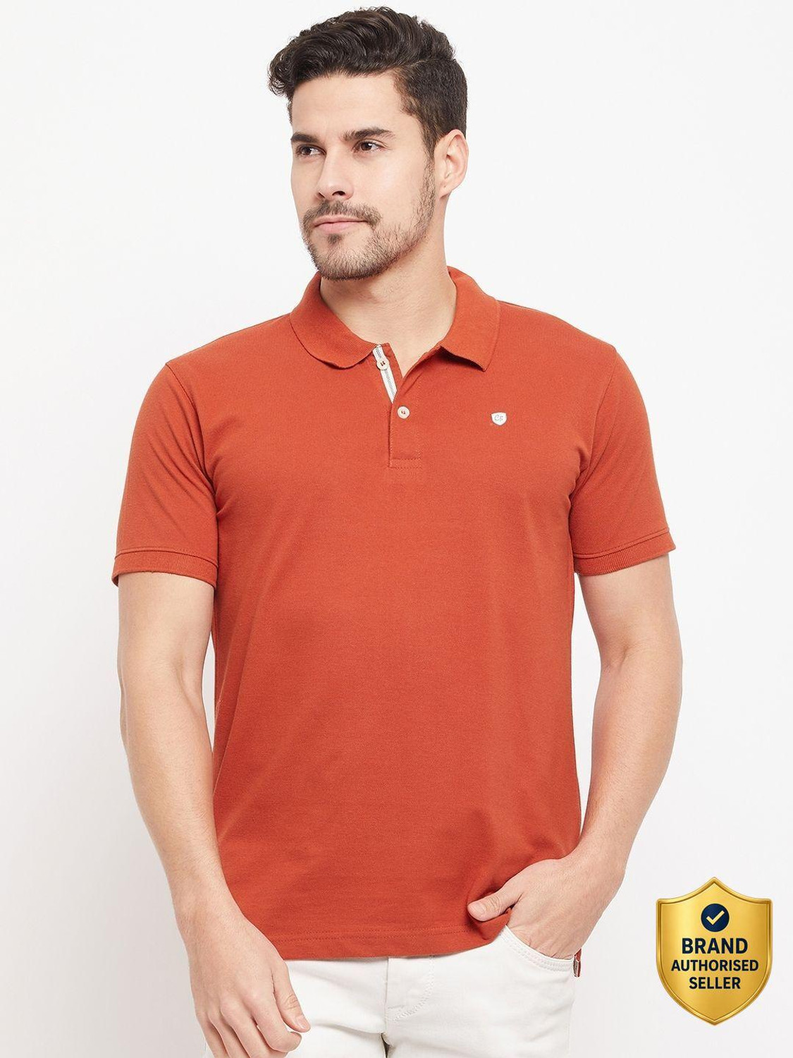 CANTABIL Solid Men Polo Neck Orange T-Shirt