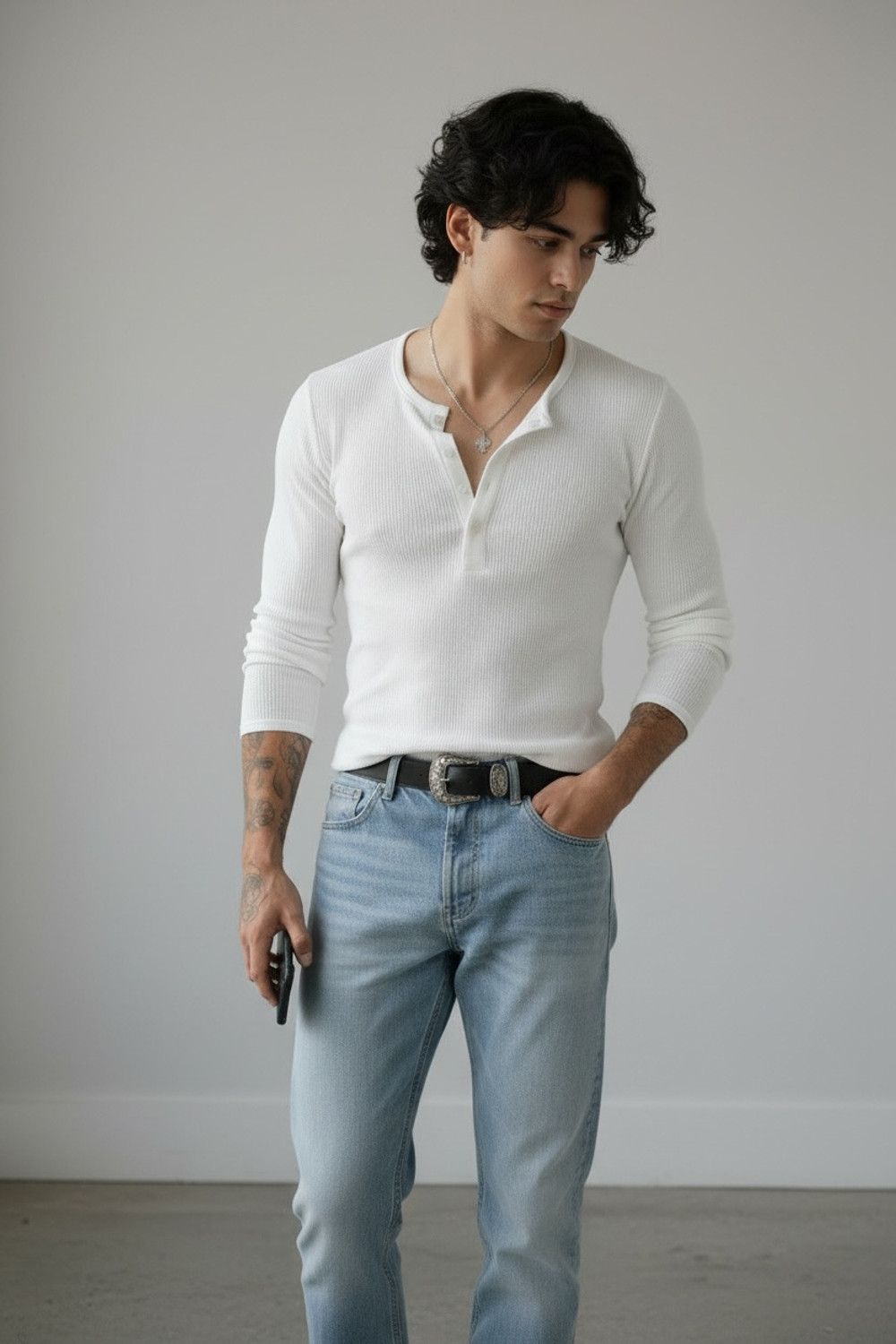 Image of YDWC Self Design Men Henley Neck White T-Shirt