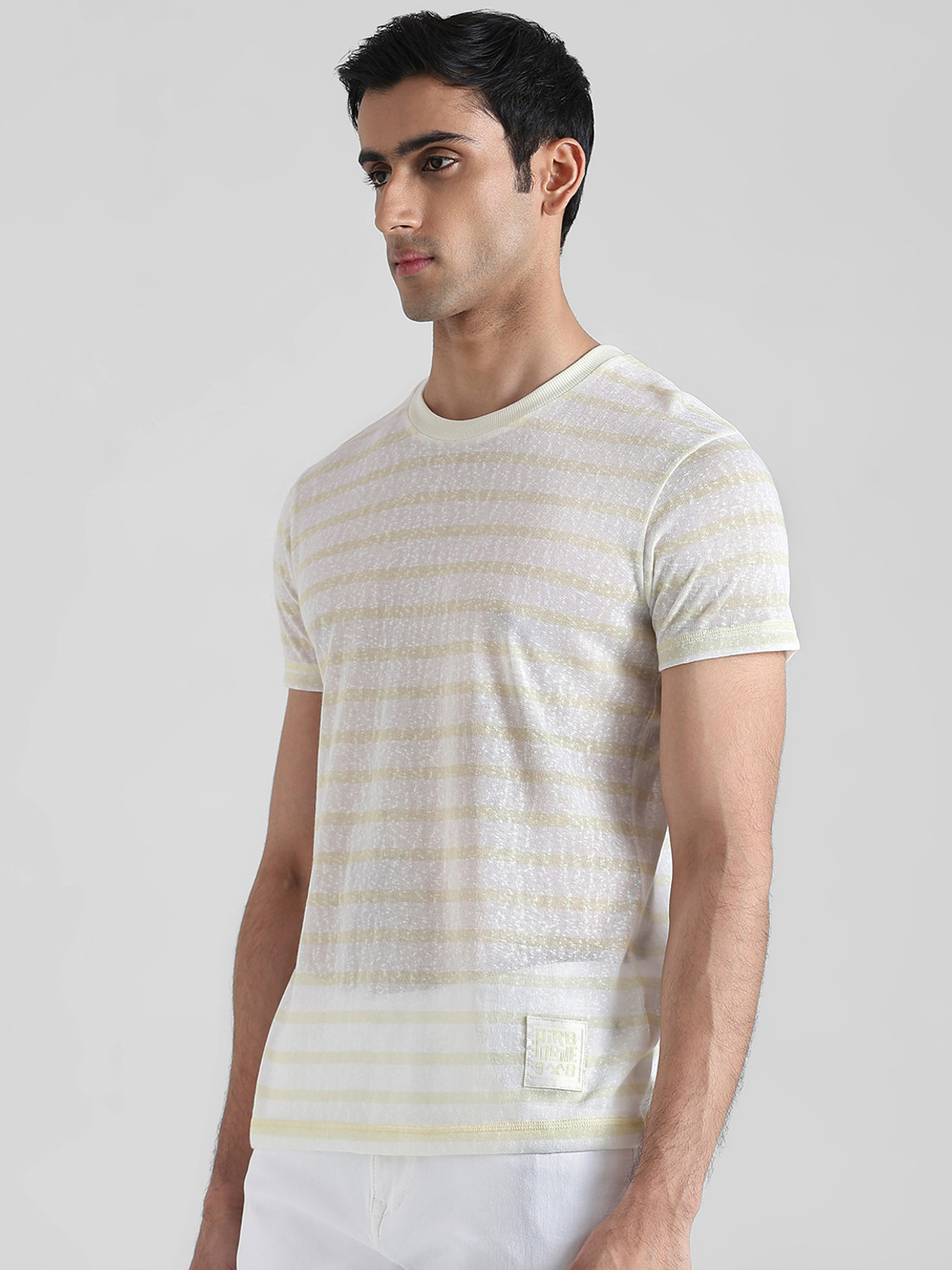 Image of MUFTI Striped Men Round Neck Yellow T-Shirt