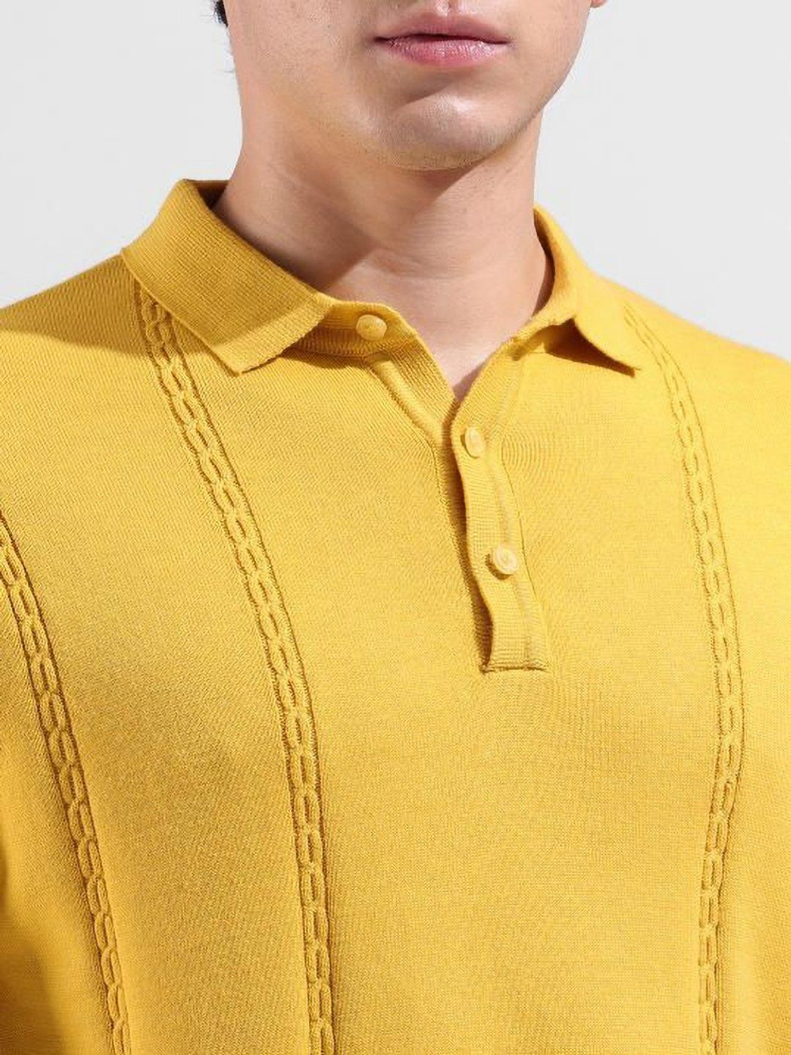 Image of The Indian Garage Co. Self Design Men Polo Neck Yellow T-Shirt