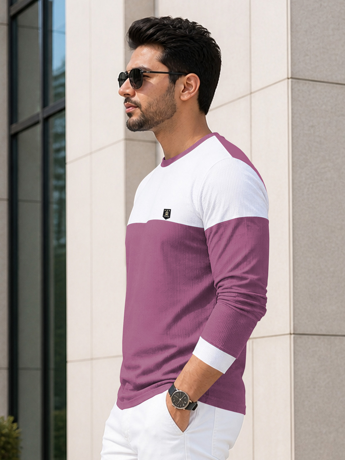 Image of VeBNoR Colorblock Men Round Neck Purple T-Shirt