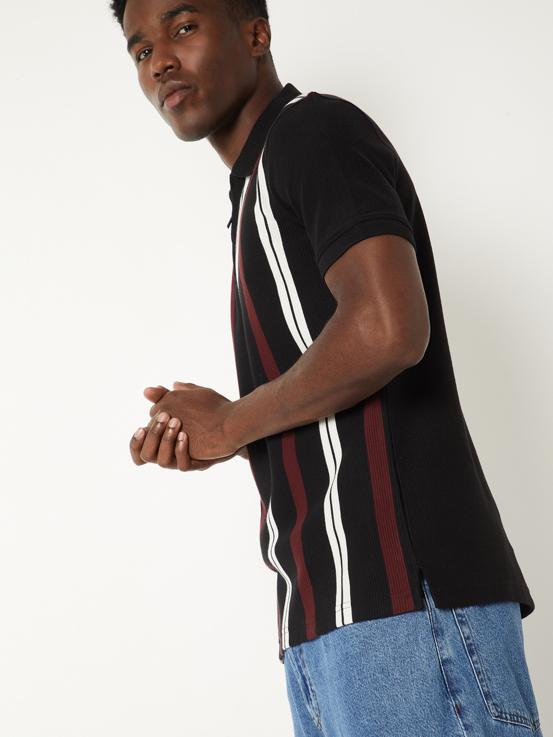 Image of MAX Striped Men Polo Neck Black T-Shirt