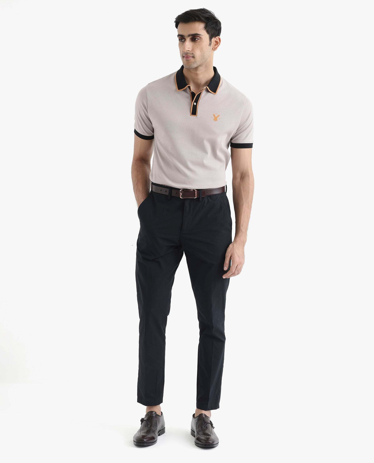 Image of RARE RABBIT Solid Men Polo Neck Beige T-Shirt