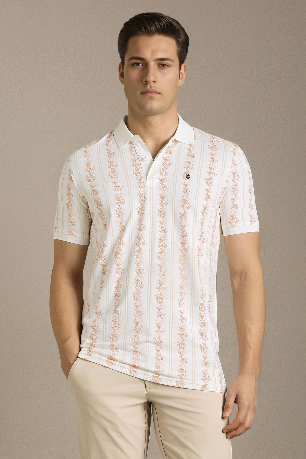 Image of LOUIS PHILIPPE Men Printed Polo Neck Cotton Blend White T-Shirt