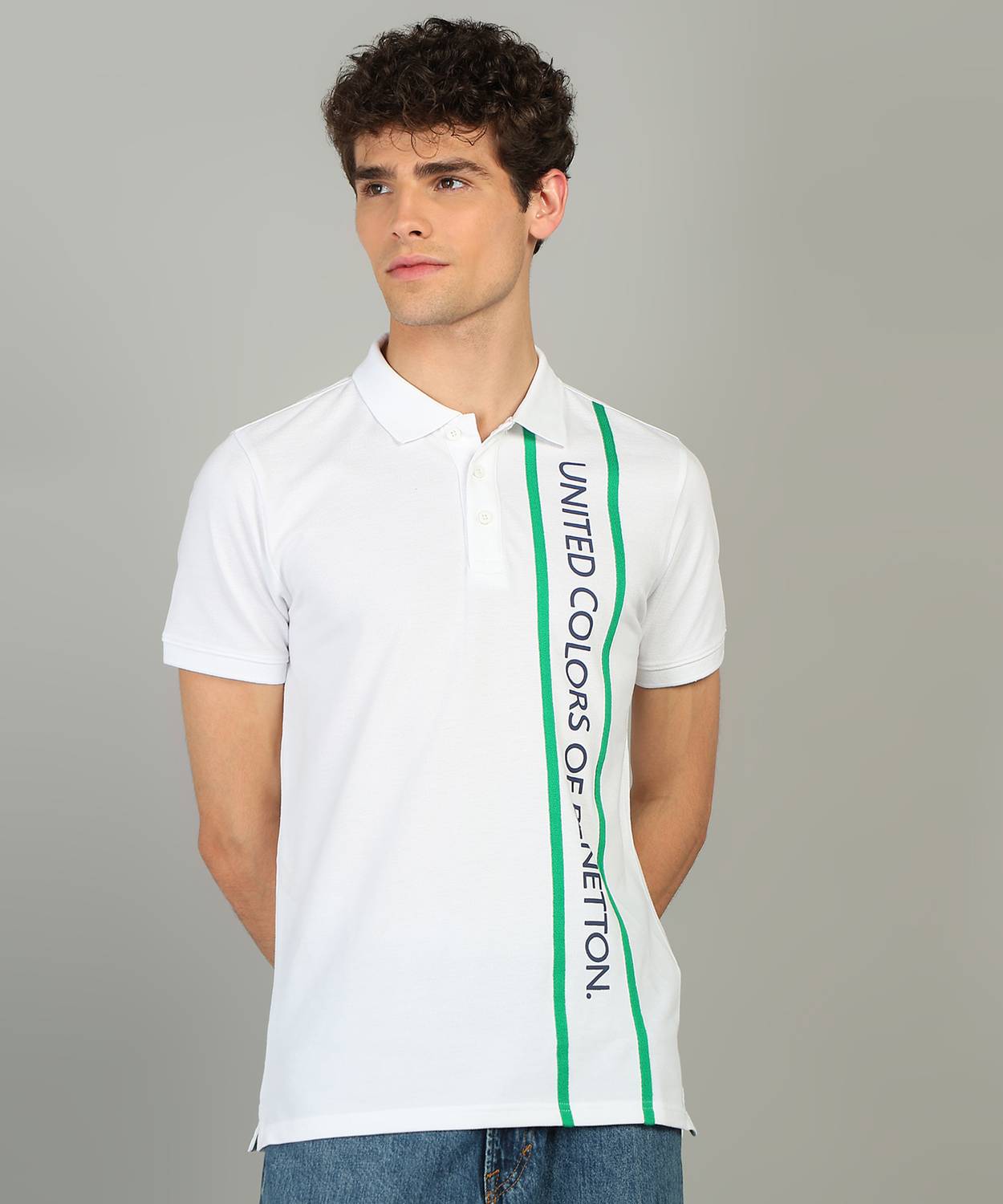 United Colors of Benetton Men Printed Polo Neck Cotton Blend Whit