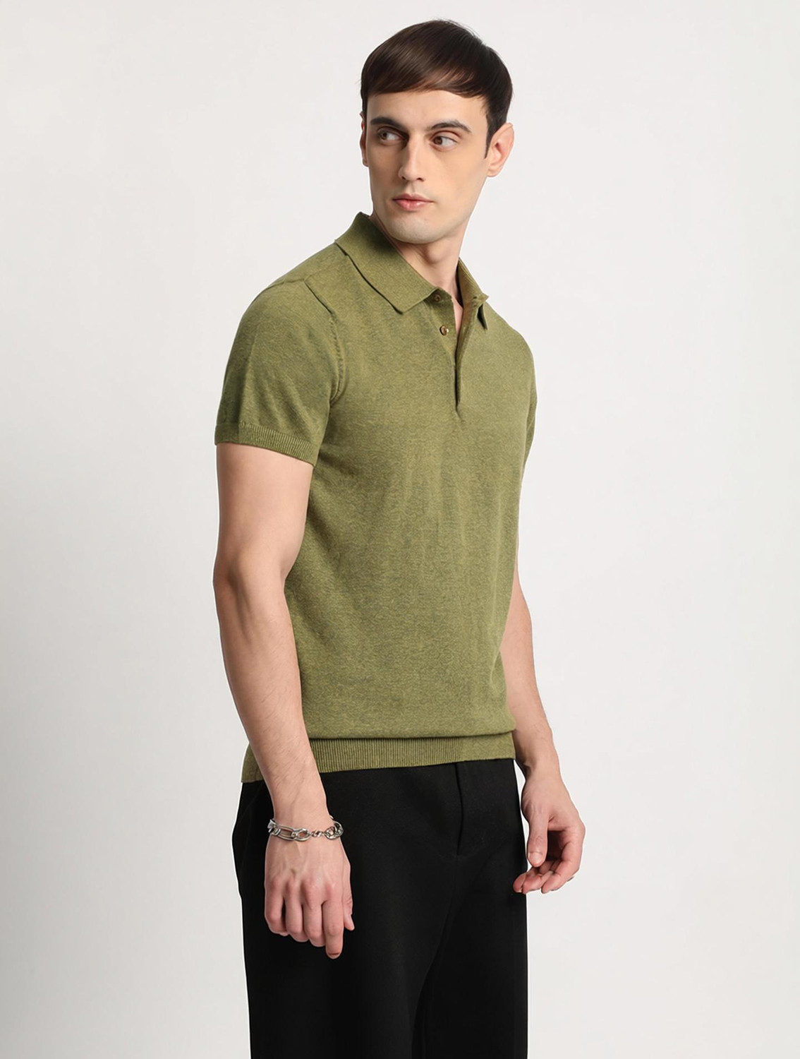 Image of THE BEAR HOUSE Solid Men Polo Neck Dark Green T-Shirt