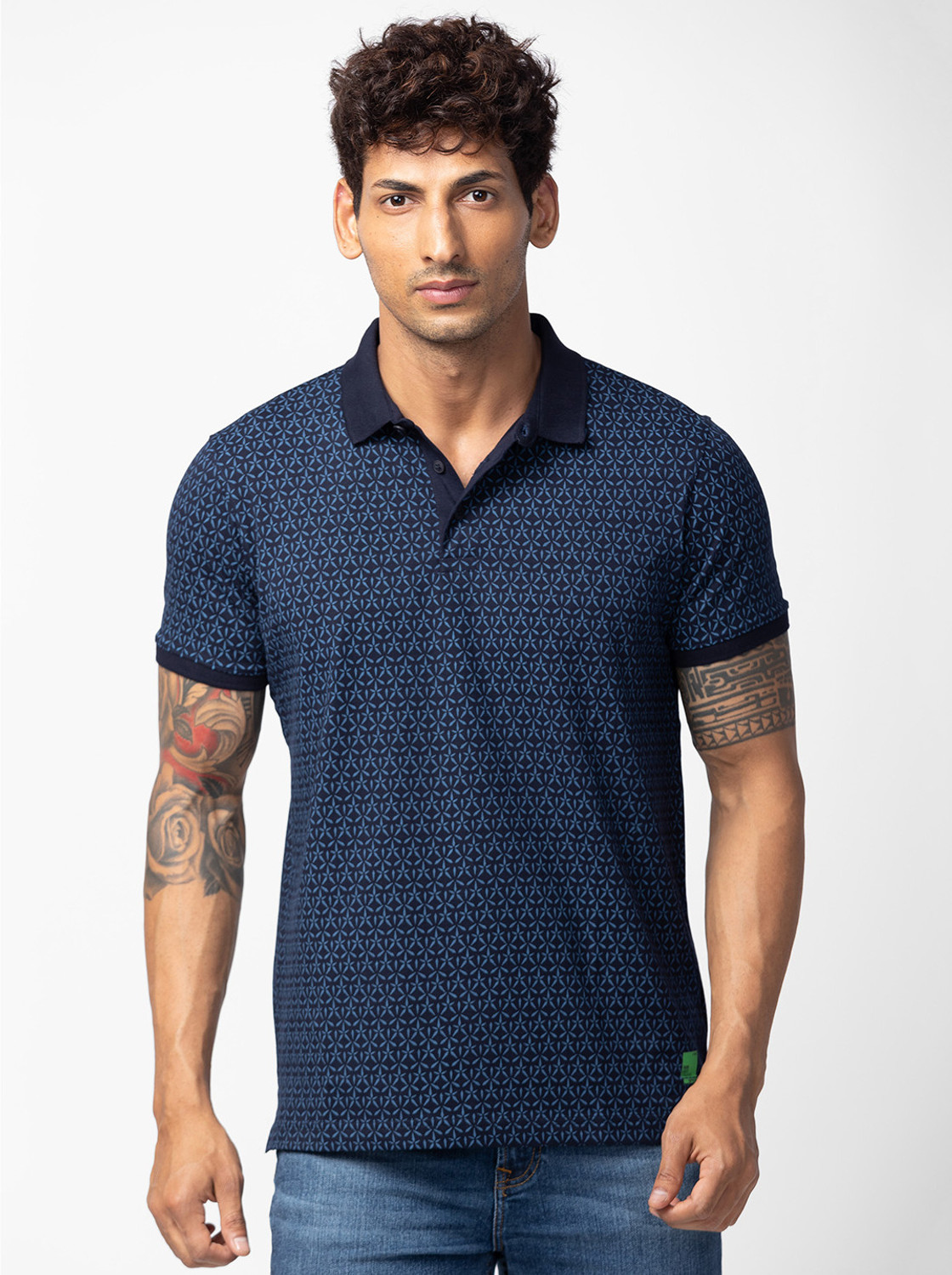 Image of Spykar Printed Men Polo Neck Blue T-Shirt