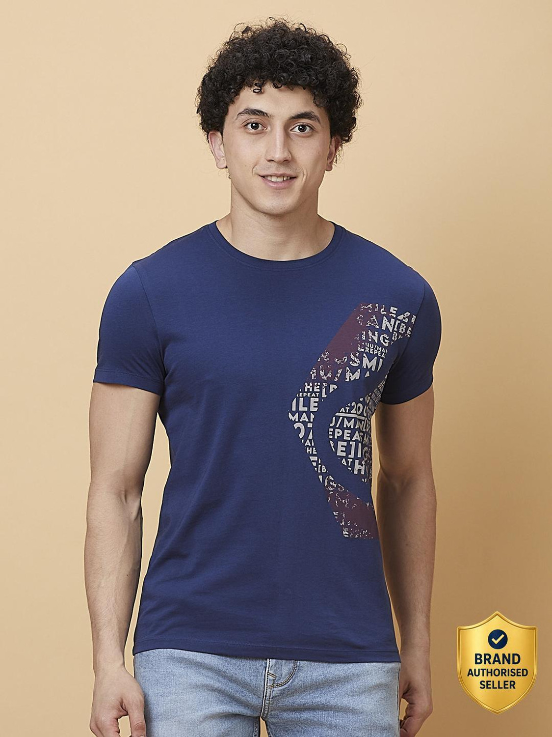 Image of BEING HUMAN Typography Men Crew Neck Dark Blue T-Shirt