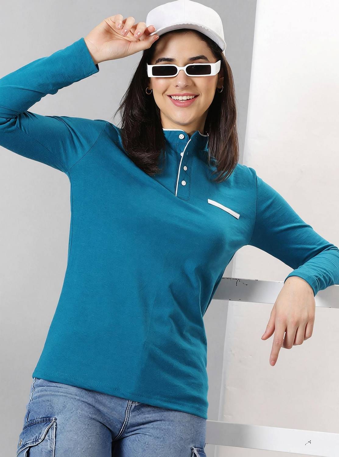 AUSK Women Mandarin Collar Dark Blue T-Shirt - Image 4