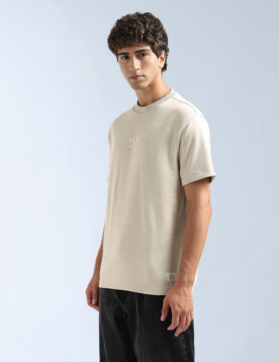 Image of FLYING MACHINE Solid Men Crew Neck Beige T-Shirt