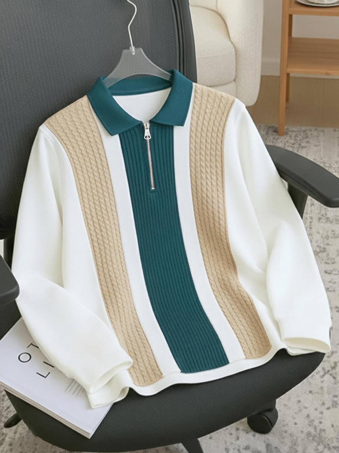 AUSK Beige, White Striped Men Polo Neck T-Shirt - Image 1