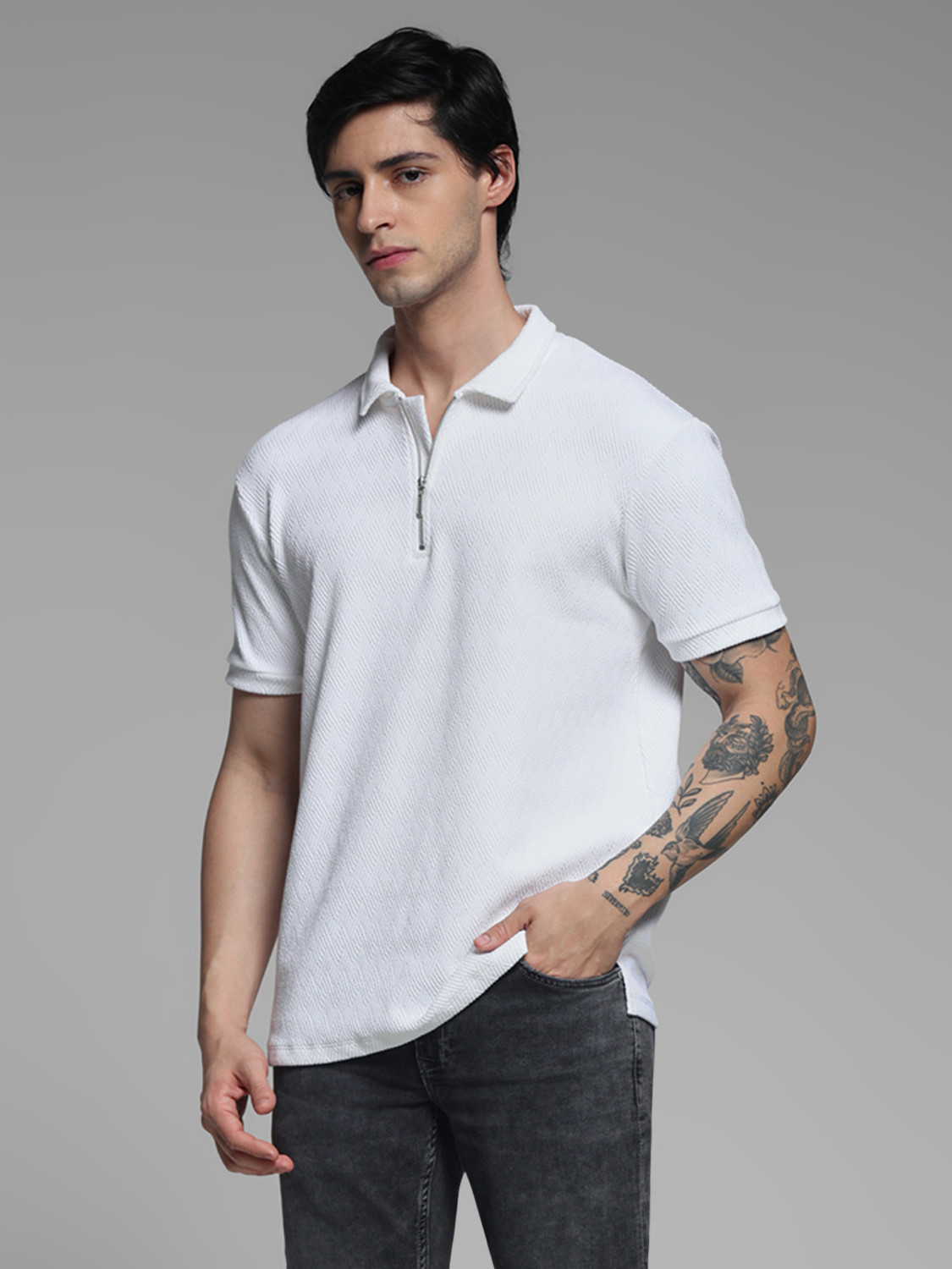Image of JACK & JONES Solid Men Polo Neck White T-Shirt