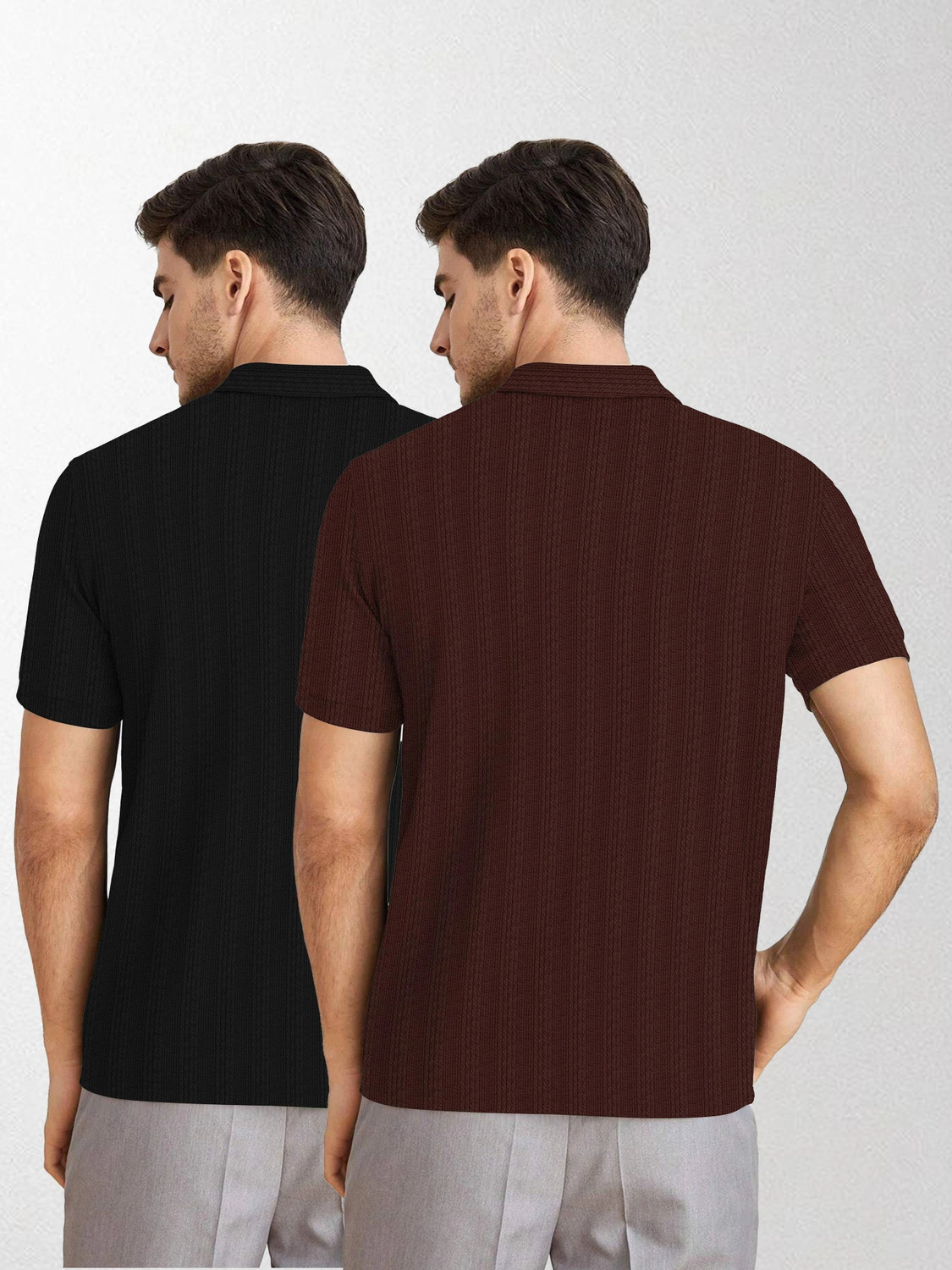 Image of COMBRAIDED Striped Men Zip Neck Brown, Black T-Shirt