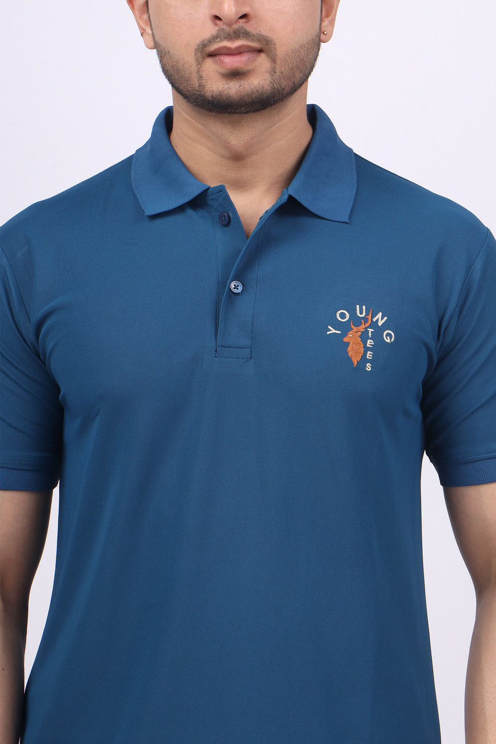 Image of swagfit Men Solid Polo Neck Cotton Blend Blue T-Shirt