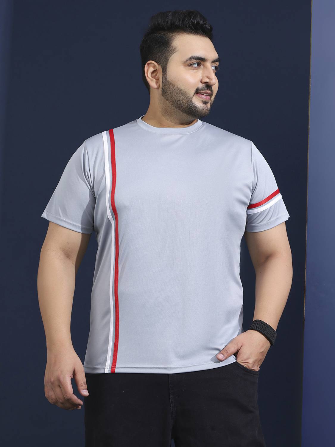 bigbanana Striped Men Round Neck Grey T-Shirt