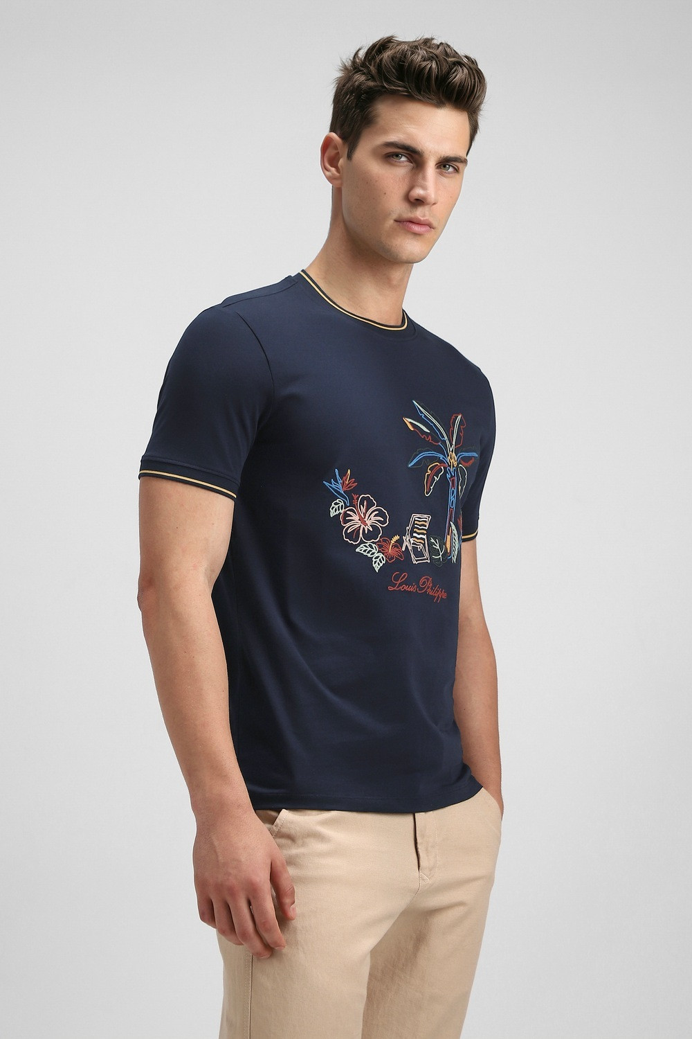 Image of LOUIS PHILIPPE Embroidered Men Crew Neck Dark Blue T-Shirt