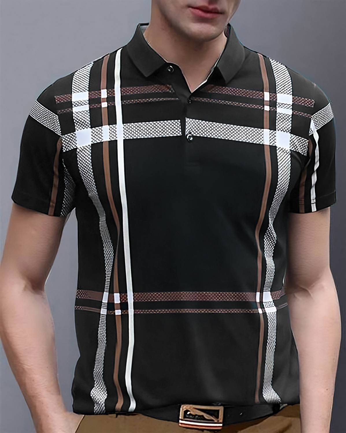 AUSK Men Checkered Polo Neck Cotton Blend Black, White T-Shirt