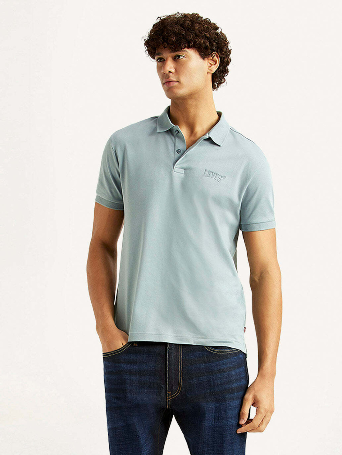 Image of LEVI'S Solid Men Polo Neck Light Blue T-Shirt