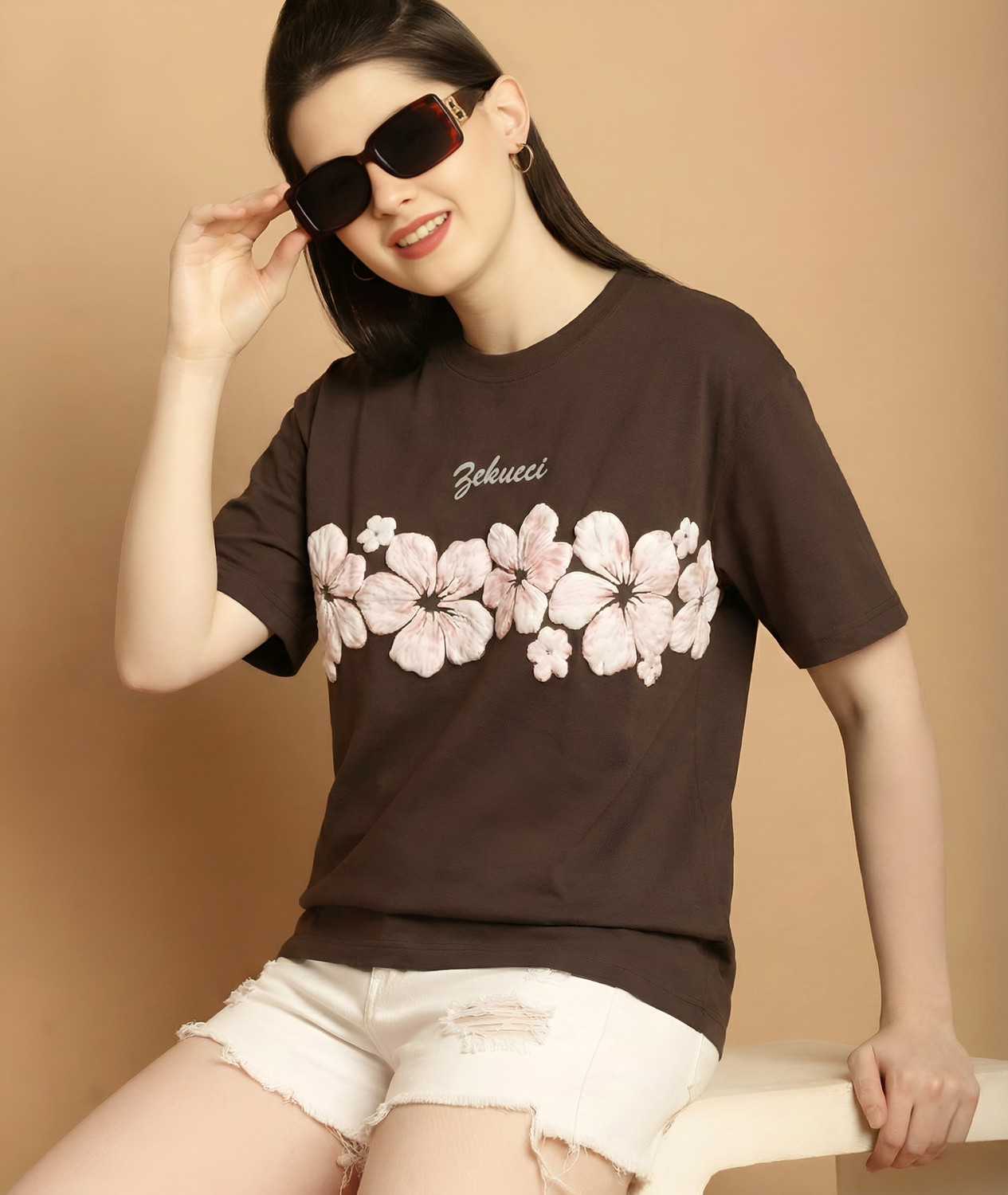 Image of Starword Printed Women Round Neck Brown T-Shirt