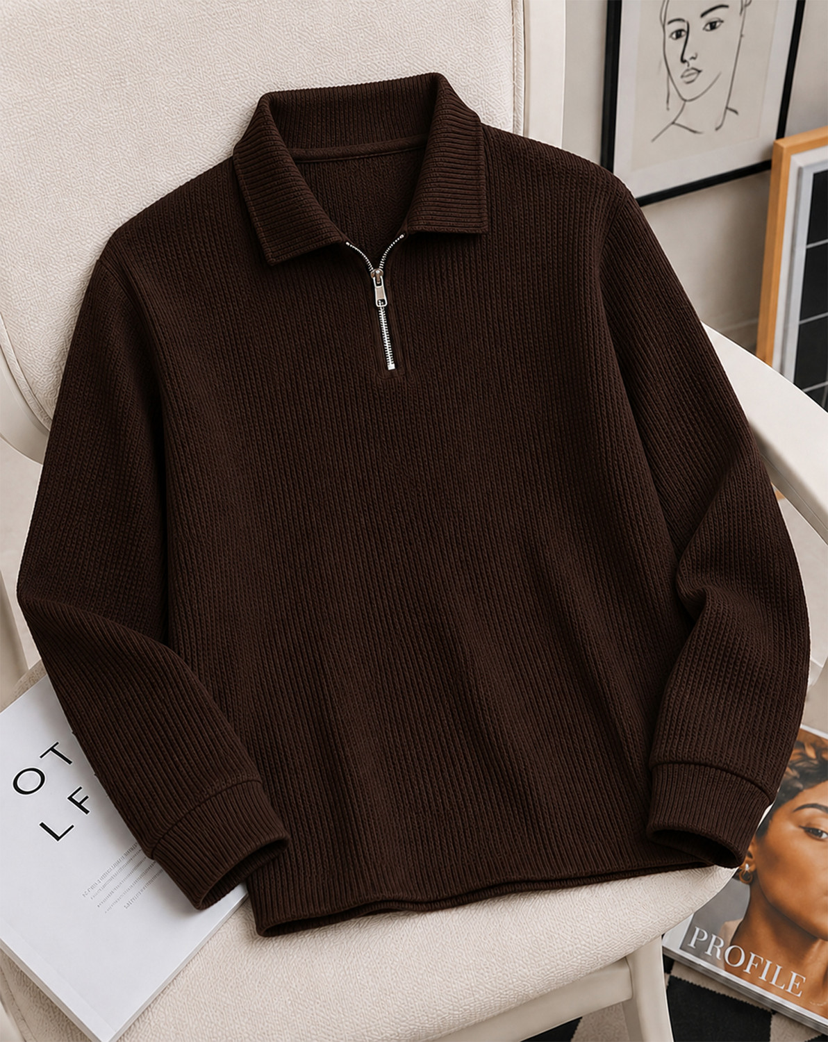 Image of METRONAUT Self Design Men Zip Neck Brown T-Shirt