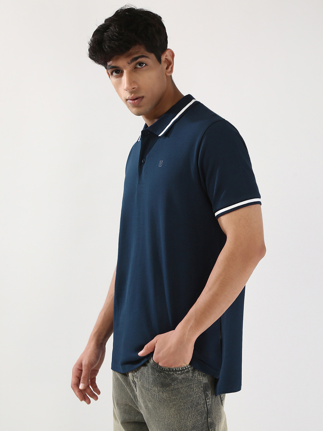 Image of Urbano Fashion Solid Men Polo Neck Dark Blue T-Shirt