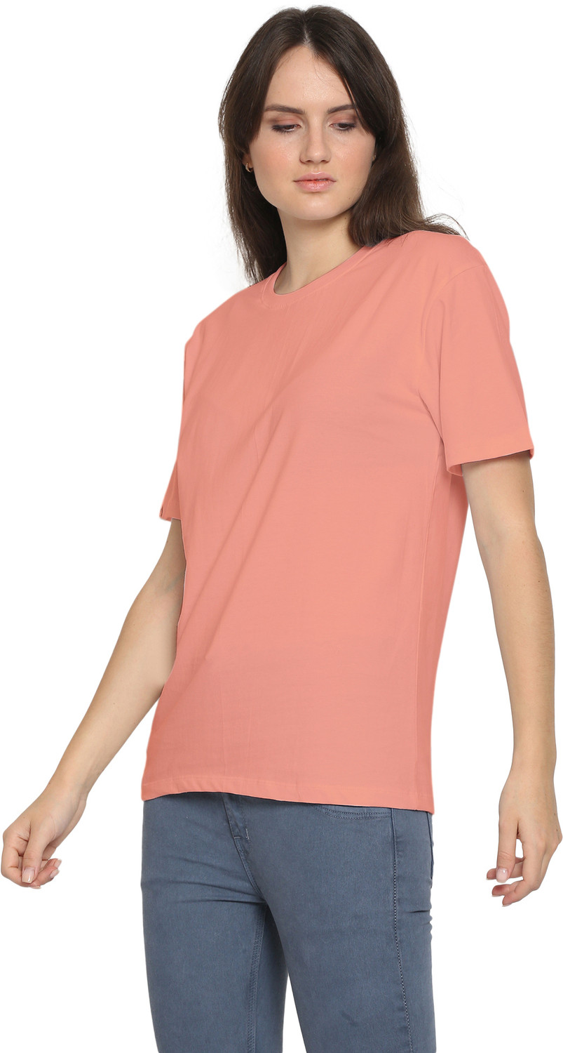 Image of YouthPoi Solid Women Round Neck Pink, Orange T-Shirt