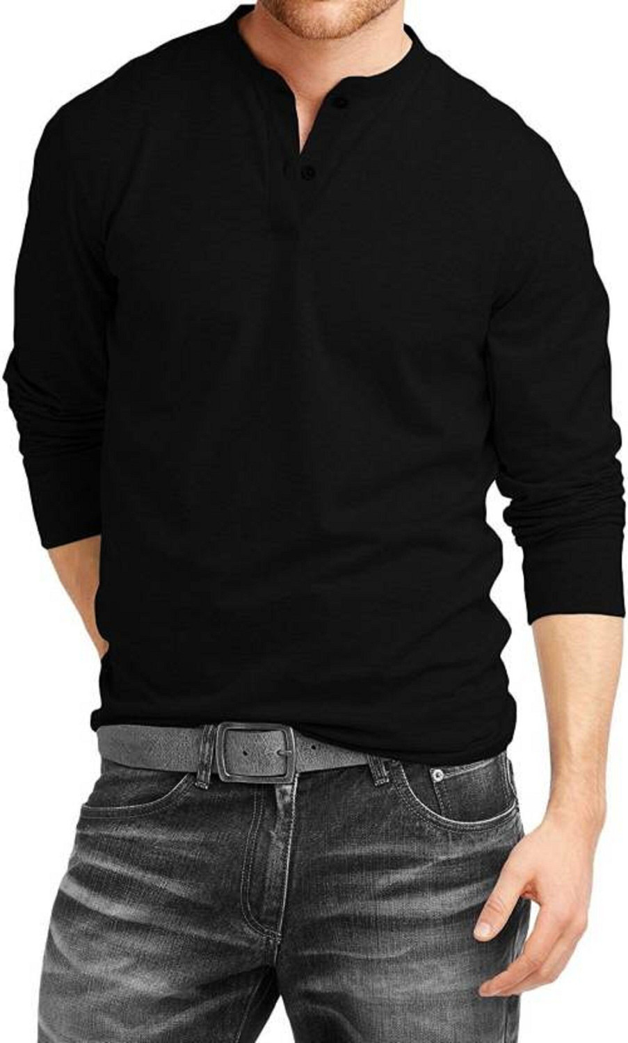 Image of Veirdo Solid Men Henley Neck Black T-Shirt