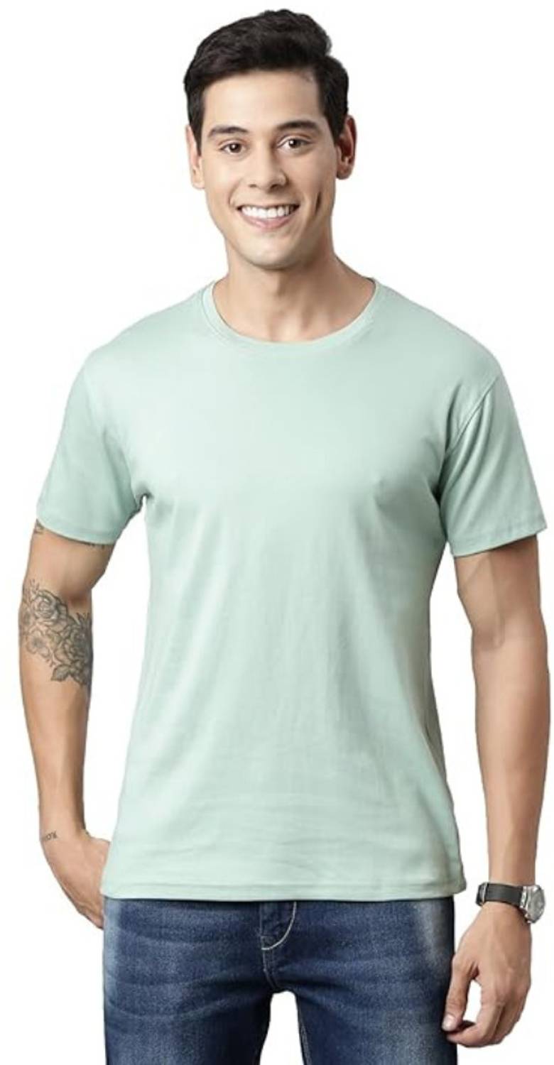FASHIONATOR Men Solid Round Neck Polycotton Light Green T-Shirt