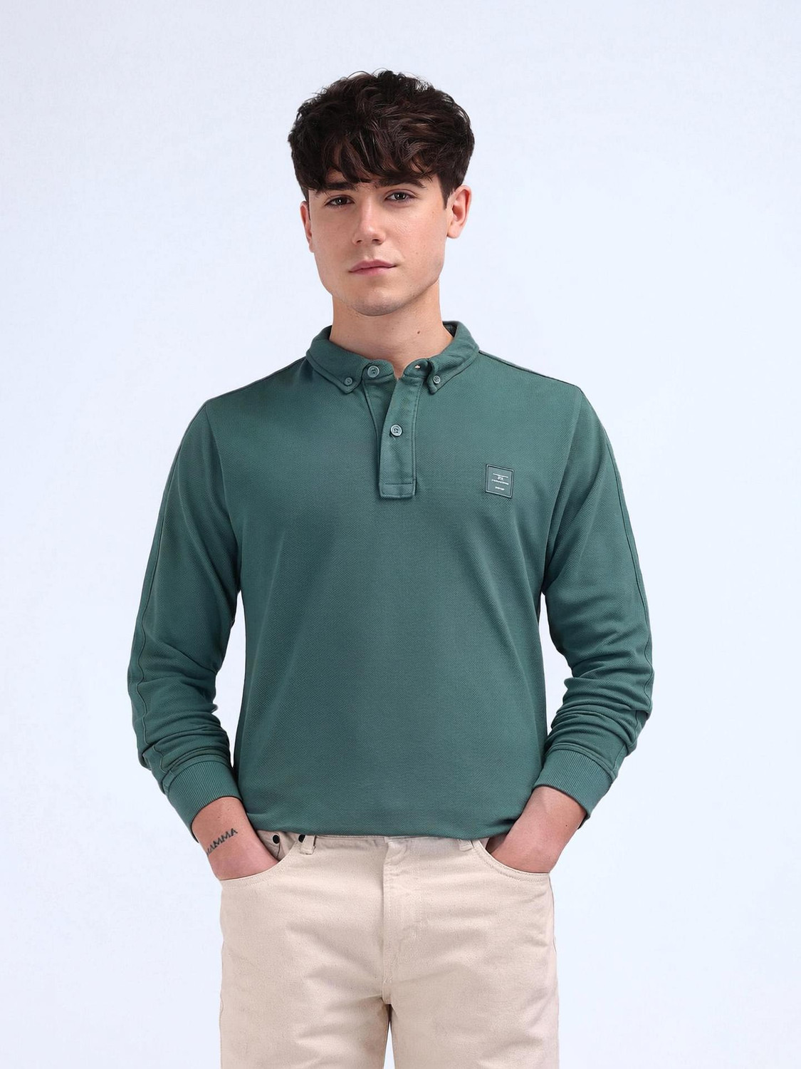 Image of FLYING MACHINE Self Design Men Polo Neck Blue T-Shirt