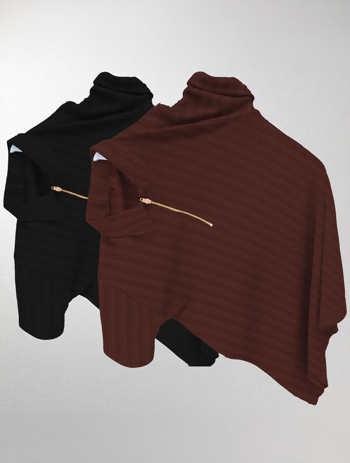 Image of KAJARU Self Design Men Zip Neck Black, Brown T-Shirt