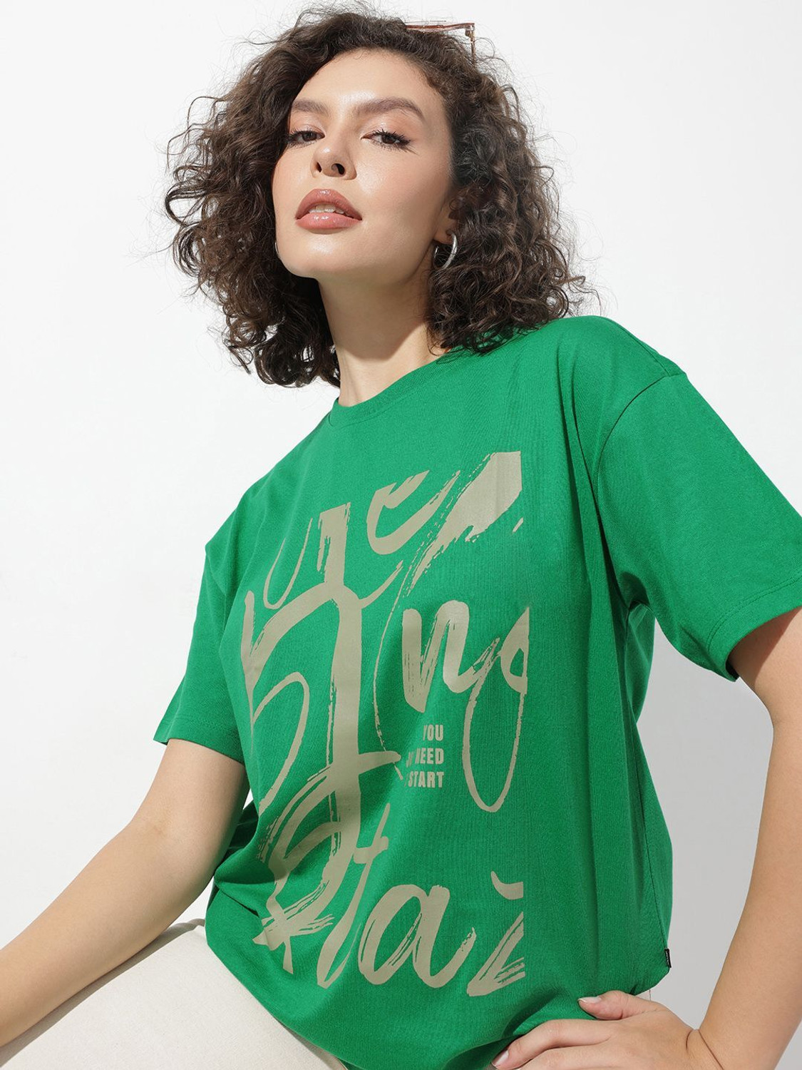 Image of Roadster Printed Women Round Neck Green T-Shirt
