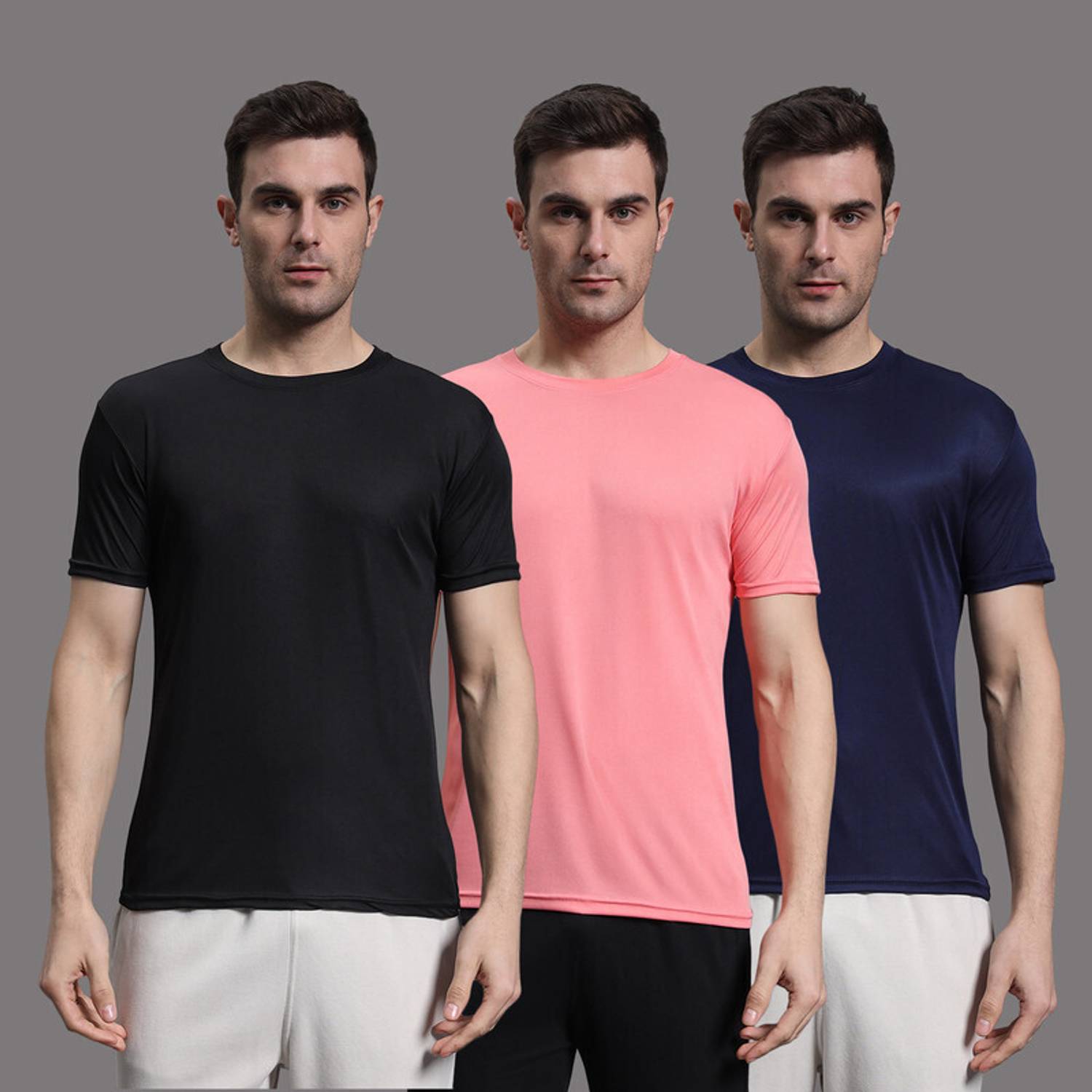 InkTees Pack of 3 Men Solid Round Neck Polyester Multicolor T-Shi