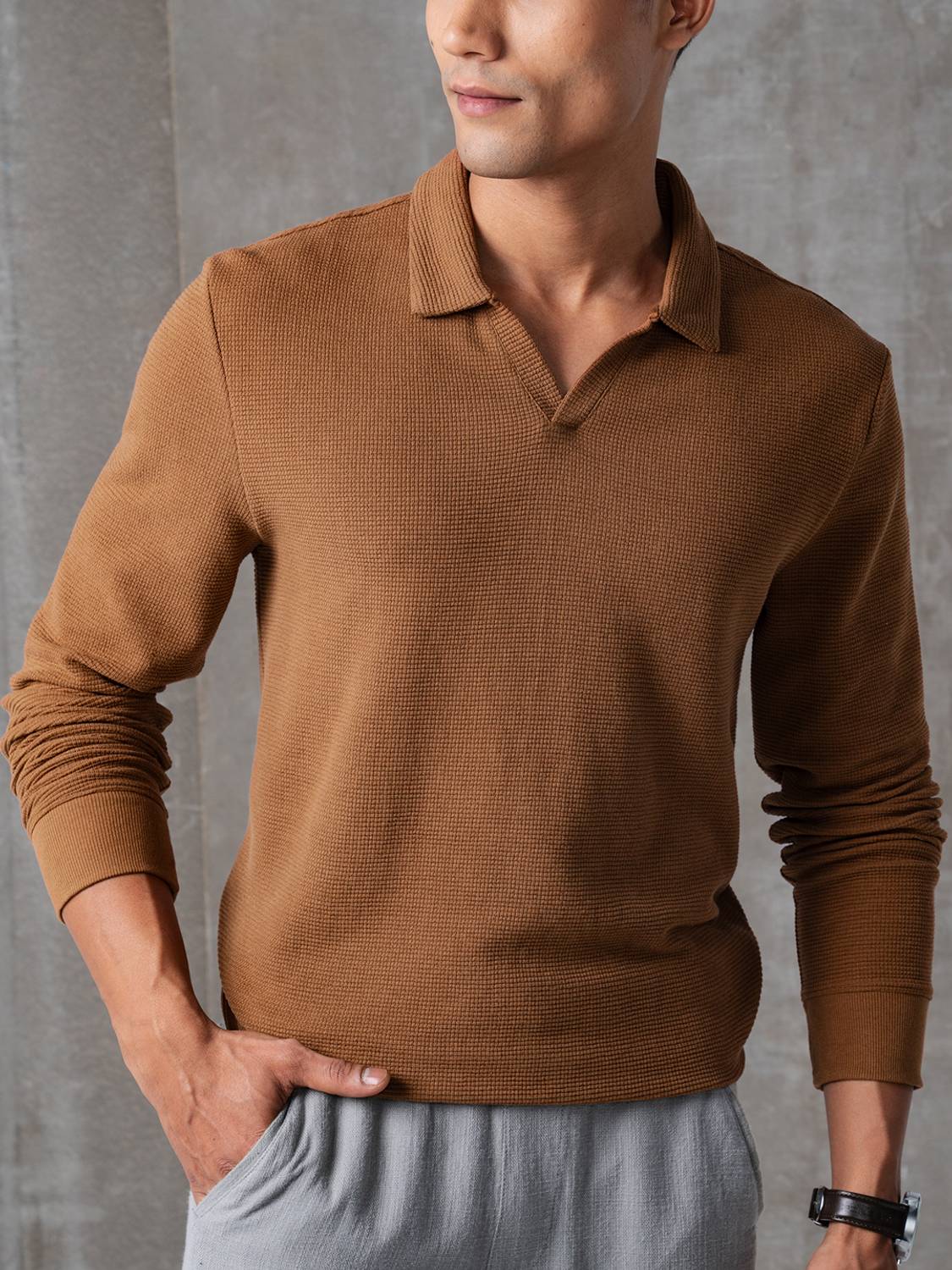 Damensch Men Self Design Polo Neck Cotton Blend Brown T-Shirt
