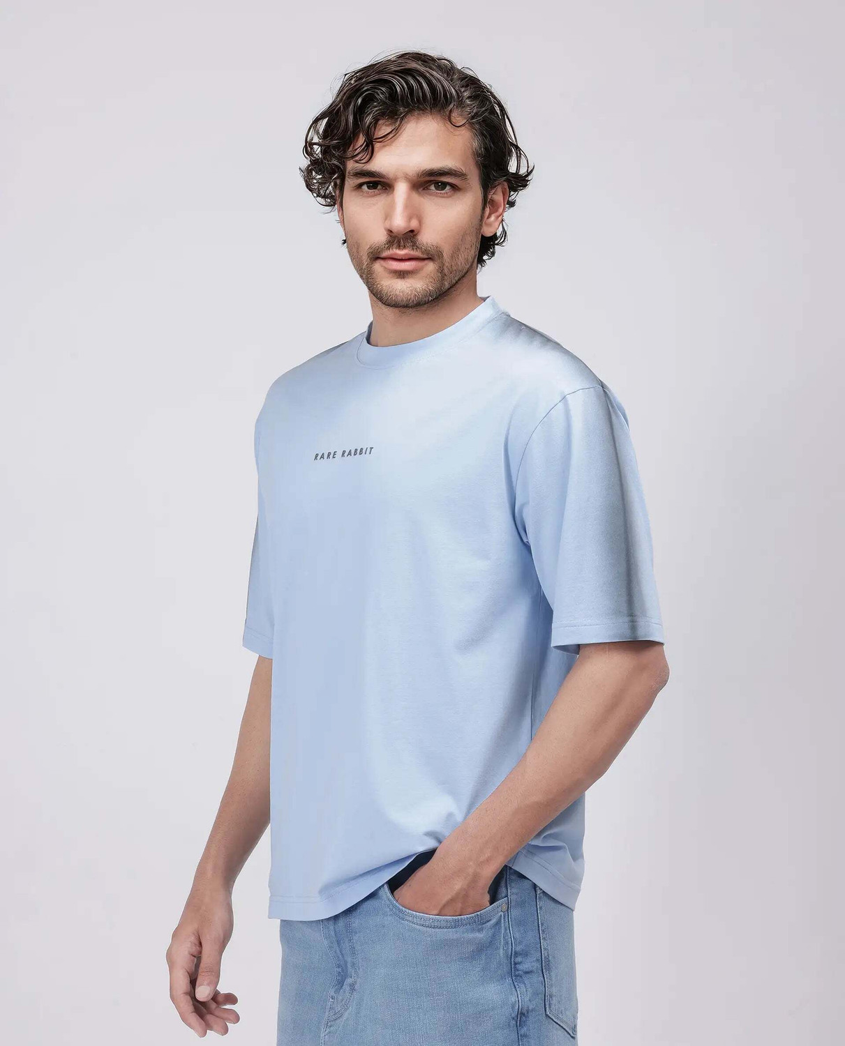 Image of RARE RABBIT Typography Men Crew Neck Blue T-Shirt
