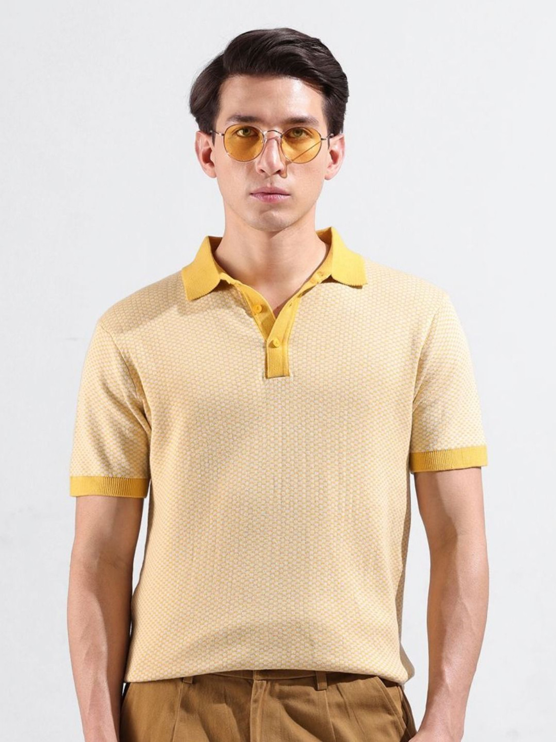 Image of The Indian Garage Co. Self Design Men Polo Neck Yellow T-Shirt