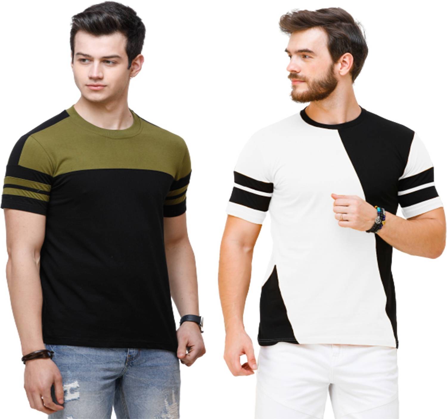 COUNTRY YARD Pack of 2 Men Colorblock Round Neck Pure Cotton Whit